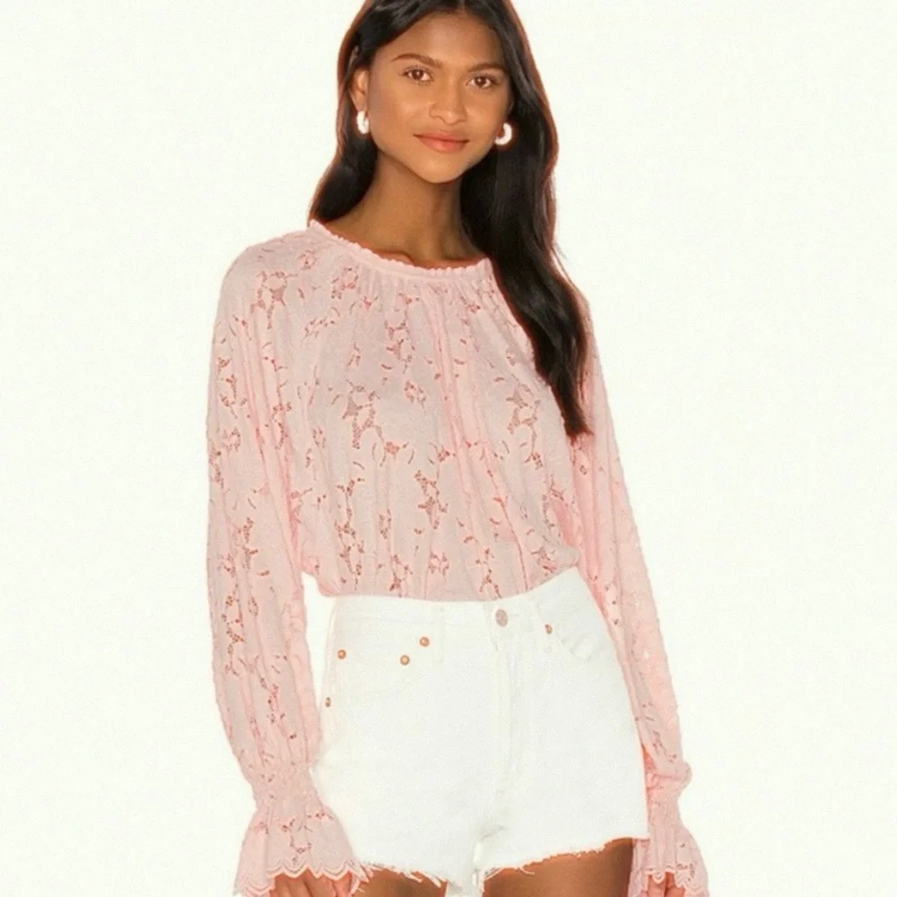 NWT Free People Olivia Lace Top blouse Edwardian sleeves Shirt XS powder pink